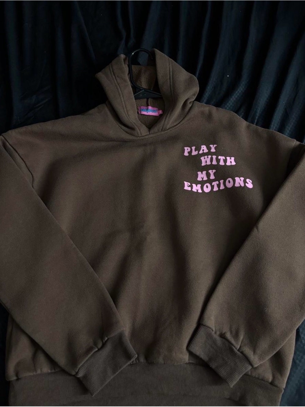 Edikted Brown Hooded Sweater with Pink 'Play With My Emotions' Print